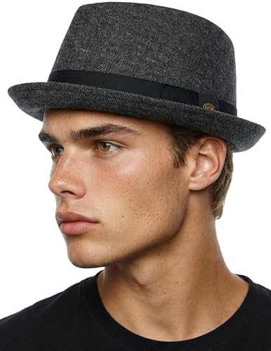 Funky Junque Wool Blend Porkpie Fedora, Classic Trilby Dress Hat - color: Charcoal/Black Herringbone, size: Large