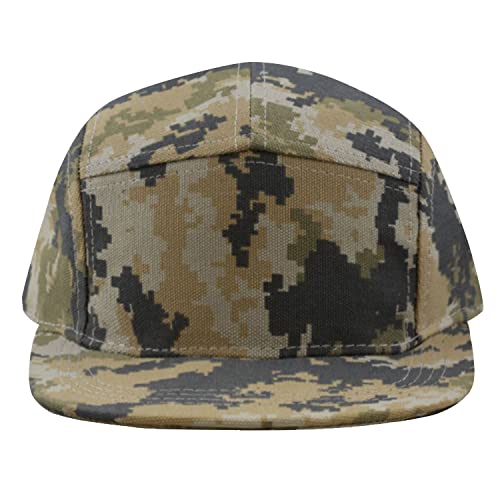 The Hat Depot Made in USA Cotton Twill 5 Panel Flat Brim Genuine Leather Brass Biker Board Cap - color: Camo4