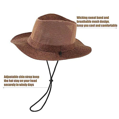 Wide Brim Straw Panama Hat Fedora Beach Sun Hat UPF50+ Unisex Fishing Hats - color: Brown