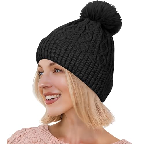 Pom Pom Beanie for Women & Girls, Warm Knit Winter Hat - color: Black