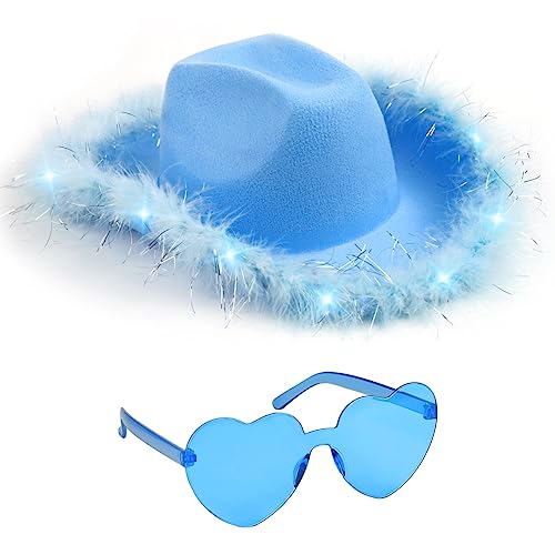 Funcredible Light Up Cowboy Hat and Glasses – LED Cowgirl Hat with Feathers – Cowgirl Costume Accessories for Women - color: Lightblue