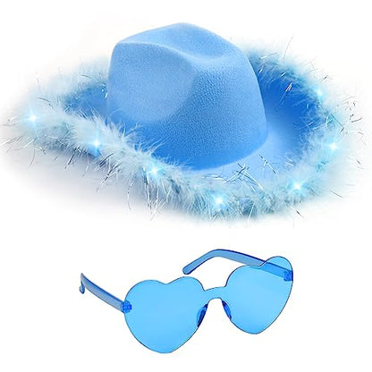 Funcredible Light Up Cowboy Hat and Glasses – LED Cowgirl Hat with Feathers – Cowgirl Costume Accessories for Women - color: Lightblue