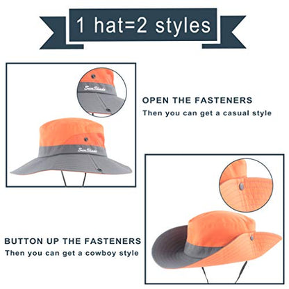 Muryobao Women's Ponytail Sun Hat UV Protection Foldable Mesh Wide Brim Beach Fishing Hat - color: Orange
