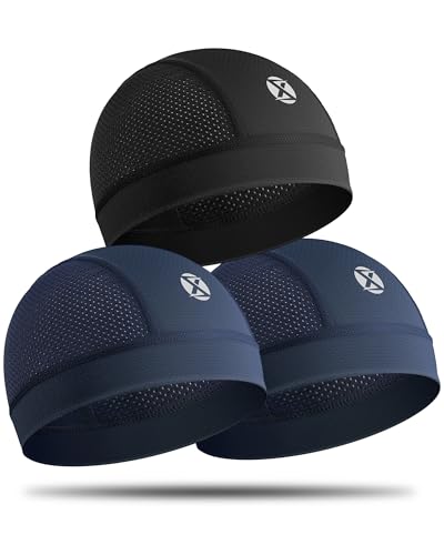 3-Pack Cooling Skull Cap Breathable Mesh Helmet Liner for Men Women - color: Black+blue+blue