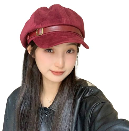 Vintage Newsboy Hats Winter Suede Caps Women's Octagonal Hat Fashion Gatsby Cabbie Baker Visor Beret Hat - color: Winered