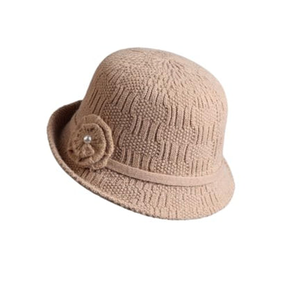 Crochet Bucket Hat for Women, Winter Flower Knitted Cap - color: Beige