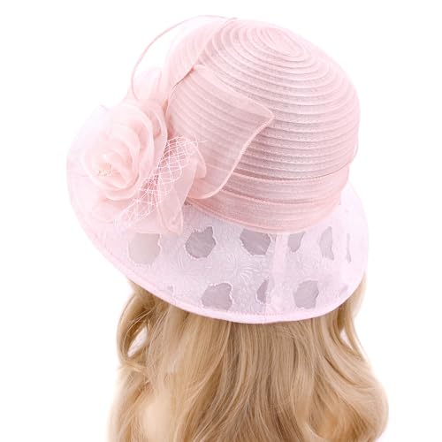 Haoohu Women's Church Derby Hat Wide Brim Bow Bucket Hat Wedding Dress Hat Fascinator Bridal Tea Party Hat - color: Tm Light Pink