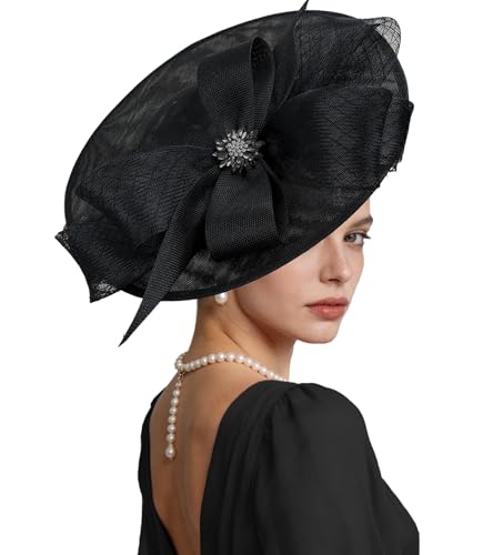 Kgromfy Women's Wide Brim Fascinator Hat Tea Party Headband Large Vintage Church Hat Lady Headwear for Derby Wedding Cocktail - color: Black