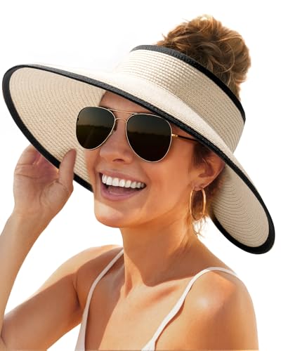 FURTALK Womens Sun Hat with Ponytail Hole Wide Brim Beach Straw Visor - color: Beige With Black
