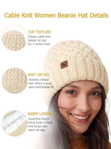 Winter Hats for Women Cable Knit Chunky Skull Cap Fleece Lined Thick Fold Cuff Beanie hat - color: Oatmeal, style: Pineapple