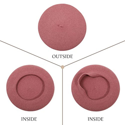 Women French Wool Beret Hats - Solid Color Classic Beanie Winter Cap - color: Thicker-pink