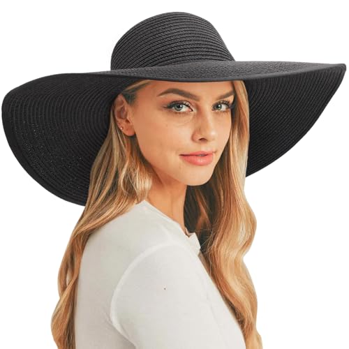 DRESHOW Big Straw Sun Hats for Women Floppy Foldable Roll up Beach Cap Sun Hat UPF 50+ Vacation Honeymoon Embroidered Hat - color: Medium Size: Black / Brim 5.5" (Head Circumference 22-22.8")