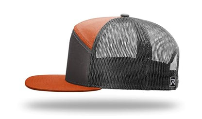 Richardson 168 168P Hat 7-Panel Trucker Cap Hi-Pro Snapback Cap Camo Hat Adjustable Baseball Hat Blank Hat Bulk Hats - color: Charcoal/Burnt Orange/Black