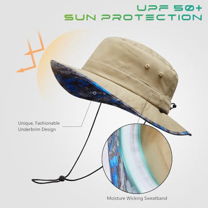 UPF 50+ Foldable Sun Hat Patterned Under Brim Bucket Hats for Summer Hiking Fishing Beach Safari Men Women - color: Khaki & Dark Grey, size: Medium