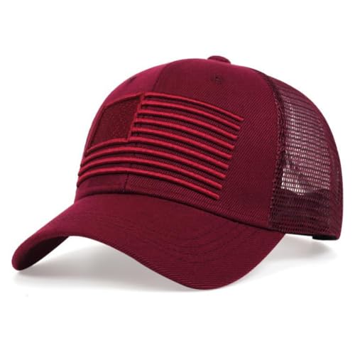 Mens American Flag Trucker Hat Breathable Mesh Baseball Cap Adjustable Low Profile Snapback Hat - color: Wine Red