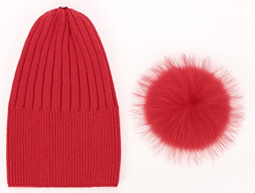 Women Real Fur Pom Pom Winter Ribbed Cuffed Knit Beanie Hat - color: Rc Red