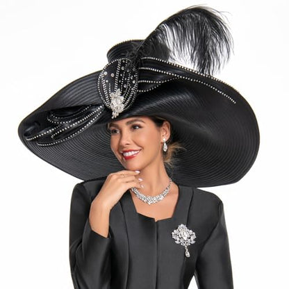 Women's Dramatic Giant Wide Brim Rhinestone Church Hat Statement Turban Fascinator for Wedding Chapel Baptist Sunday - color: 19-black
