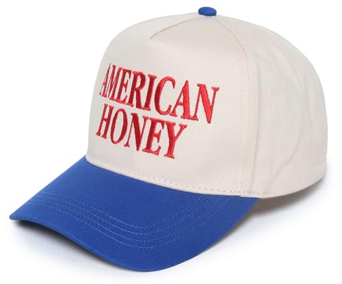D&Y Retro 2-Tone Canvas Baseball Cap for Women - Funny Embroidered Distressed Snapback, Adjustable Cotton Dad Hat - color: American Honey-cobalt Blue