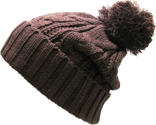 KBETHOS Women's Winter Warm Thick Oversize Knitted Beanie Hat with Pom Pom - color: Brown Cable Knit Pom Beanie