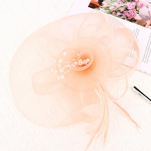 Womens Fascinators Mesh Hats Tea Party Hats for Women Feather Veil Headband - color: Pink Nude