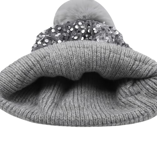 Women Sparkly Sequins Knitted Beanie Hat Warm Winter Skull Cap with Faux Fur Pom Pom - color: X Grey With Knit Cuffs