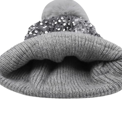 Women Sparkly Sequins Knitted Beanie Hat Warm Winter Skull Cap with Faux Fur Pom Pom - color: X Grey With Knit Cuffs