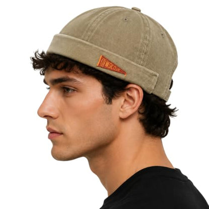 Retro Brimless Docker Cap Rolled Cuff Cotton Beanie Hat - color: Khaki