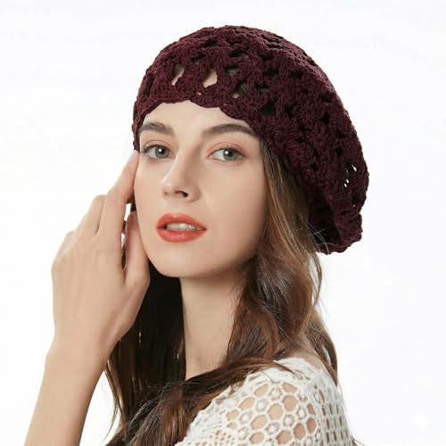 ZLYC Women Cotton Slouchy Crochet Beret Handmade Cutout Floral Beanie Hat - color: Burgundy