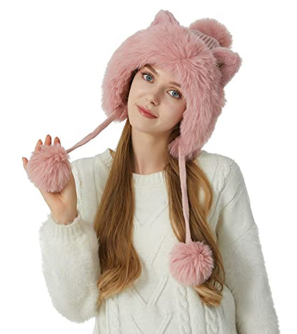 HUAMULAN Women Winter Sherpa Knit Beanie Hat Fleece Lined Ear Flaps - color: Pink Solid