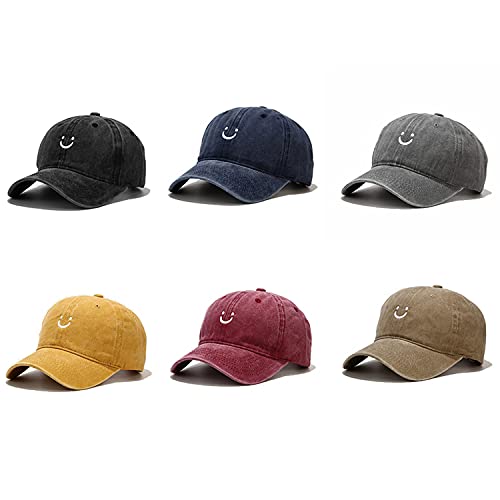 Smile Face Baseball Cap, Vintage Distressed Cotton Dad Hat for Women Men - color: Retro Grey
