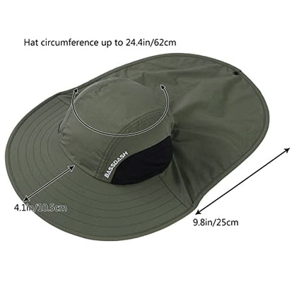 BASSDASH UPF 50+ Unisex Water Resistant Wide Brim Sun Hat with Large Neck Flap Ponytail Fishing Hat for Men Women - color: Army Green