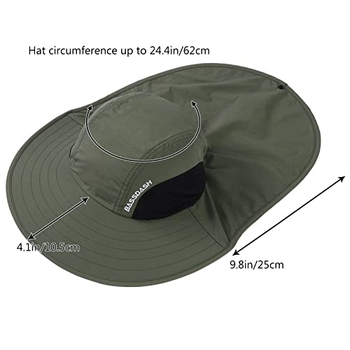 BASSDASH UPF 50+ Unisex Water Resistant Wide Brim Sun Hat with Large Neck Flap Ponytail Fishing Hat for Men Women - color: Army Green