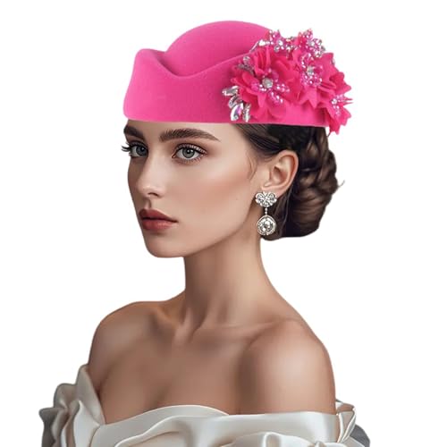 Women Vintage Church Hat Applique Felt Pillbox Hat Fascinator Tea Party Cap - color: Z1-rose Red