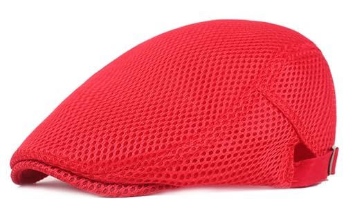 DIYDECAL Mens Breathable Mesh Summer Hat Adjustable Newsboy Beret Ivy Cap Cabbie Flat Cap - color: Red
