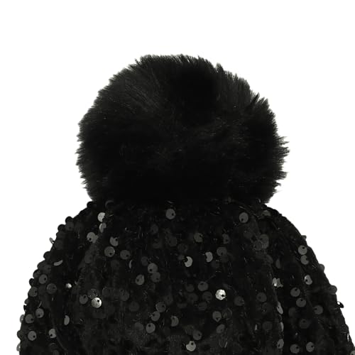 Women Sparkly Sequins Knitted Beanie Hat Warm Winter Skull Cap with Faux Fur Pom Pom - color: X Black With Knit Cuffs