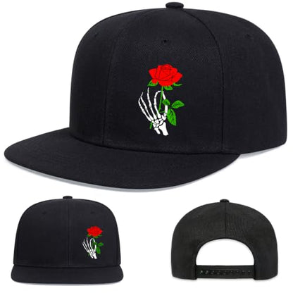 Snapback Hat for Men Skeleton Skull Hat Baseball Hats for Men - color: Holding a Rose
