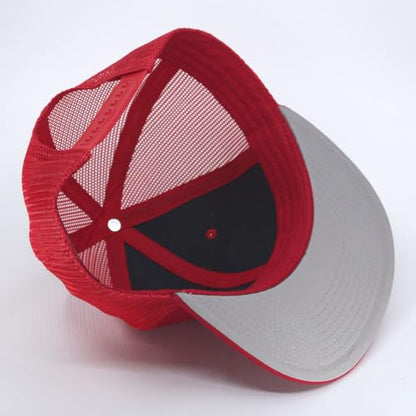Plain Cotton Twill Flat Brim Mesh Adjustable Snapback Trucker Baseball Cap - color: Black/Black/Red