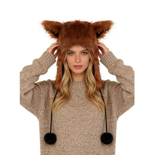 PURFUN Fuzzy Faux Fur Full Hood Trapper Hats with Animal Ear, Adults Halloween Cosplay Roleplay Cat Wolf Ear Hooded Hats - color: Red Brown