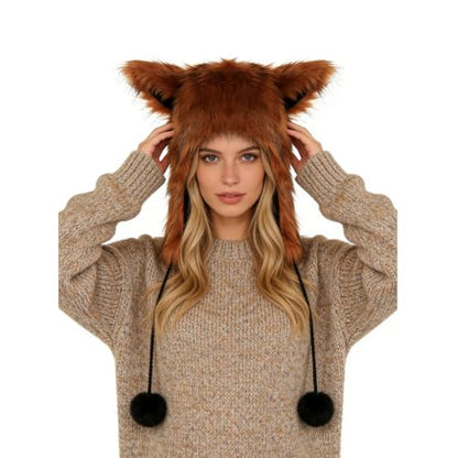 PURFUN Fuzzy Faux Fur Full Hood Trapper Hats with Animal Ear, Adults Halloween Cosplay Roleplay Cat Wolf Ear Hooded Hats - color: Red Brown
