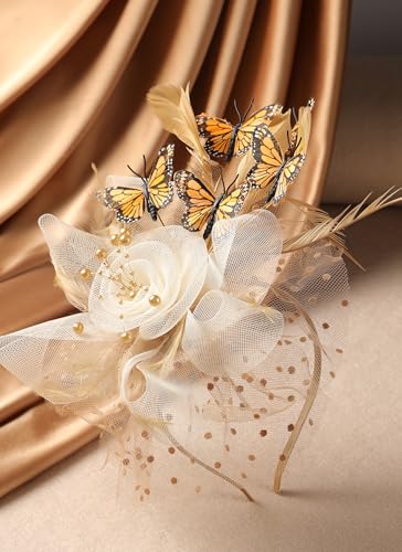 Zinniday Butterfly Derby Hat 2025 - Classic Tea Party Hats with Hair Clip, 1920s 50s Fascinators for Lady Woman - color: Gold White