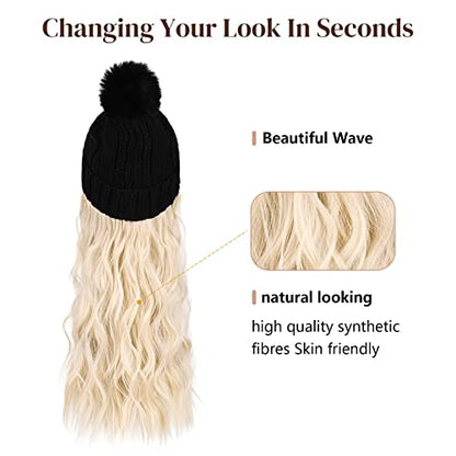 Flufymooz Beanie Wig, Hat Hair Extension Long Wavy Curly Black Hat Wig with Faux Fur Pom, Attached 20 Inch Synthetic Hairpiece for Women Girls Winter （Cool Platinum Blonde - color: Black Hat-cool Blonde, size: 20 Inch