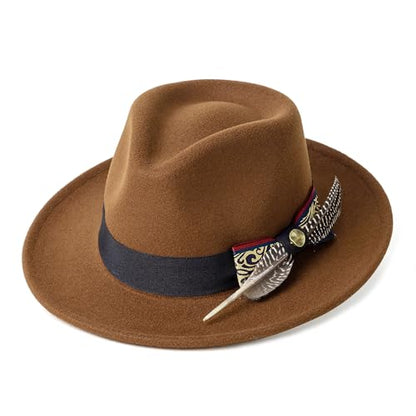 Classic Wide Brim Fedora Hats Wide Brim Felt Dress Hat for Men - color: Classic Light Coffee