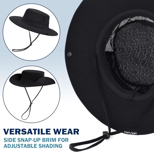 Cooling Sun Bucket Hat, UPF 50+ Wide Brim Boonie Hat with Ponytail Hole - color: 01 Black