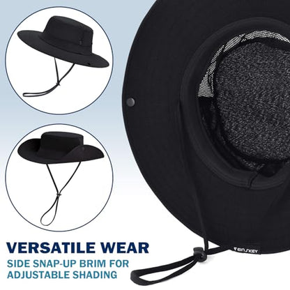 Cooling Sun Bucket Hat, UPF 50+ Wide Brim Boonie Hat with Ponytail Hole - color: 01 Black