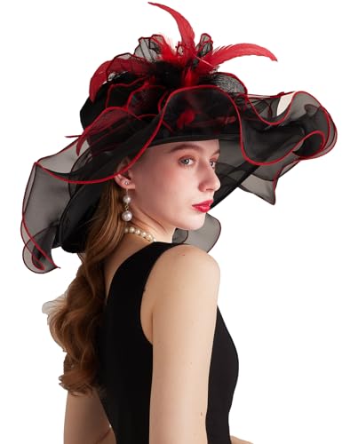 Women Derby Church Hat Organza Flower Wedding Tea Party Fascinator Wide Brim Sun Hat - color: 16-black Red