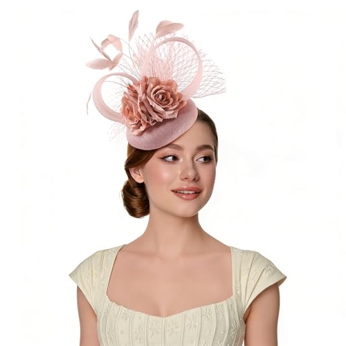 Fascinators Hat for Women Tea Party Headband Wedding Cocktail Flower Mesh Feathers Hair Clip(Pink) - color: Pink