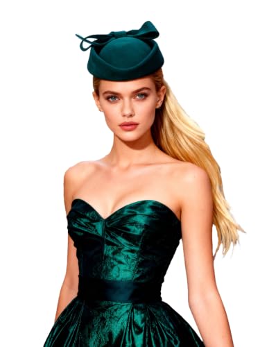 Wool Felt Vintage Fascinator Winter Women Elegant Pillbox Hat Bowknot Derby Church Hat Retro Fedoras - color: Dark Green