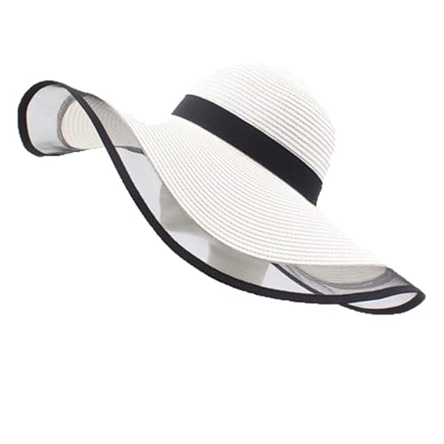 Womens Mens Wide Brim Straw Panama Hat Beach Sun Hat Summer Wide Brim Straw Roll up Hat Fisherman's UPF 50 - color: +White