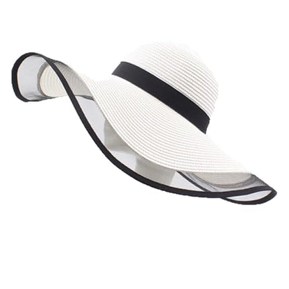 Womens Mens Wide Brim Straw Panama Hat Beach Sun Hat Summer Wide Brim Straw Roll up Hat Fisherman's UPF 50 - color: +White