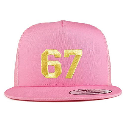 Trendy Apparel Shop Number 67 Gold Thread Embroidered Flat Bill 5 Panel Trucker Cap - color: Pink